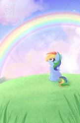 Size: 1618x2500 | Tagged: safe, artist:lbrcloud, rainbow dash, pegasus, pony, g4, cloud, ear fluff, female, looking at something, mare, rainbow, sitting, sky, solo, spread wings, wings