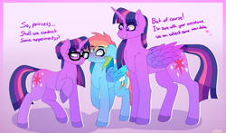 Size: 3129x1839 | Tagged: safe, artist:aaa-its-spook, rainbow dash, sci-twi, twilight sparkle, alicorn, pegasus, pony, unicorn, equestria girls, g4, blushing, blushing profusely, duality, equestria girls ponified, female, glasses, gradient background, human pony dash, lesbian, self ponidox, ship:sci-twidash, ship:twidash, shipping, size difference, sweat, this will end in snu snu, trio, twilight sparkle (alicorn), twolight, unicorn sci-twi, unicorn twilight