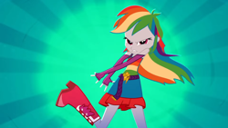 Size: 1920x1080 | Tagged: safe, screencap, rainbow dash, eqg summertime shorts, equestria girls, g4, raise this roof, animation error, boots, breakdancing, clothes, dancing, devil horn (gesture), dress, fall formal, fall formal outfits, female, looking at you, multicolored hair, outfit, rainbow hair, shoes, sleeveless