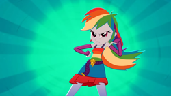 Size: 1920x1080 | Tagged: safe, screencap, rainbow dash, equestria girls, g4, my little pony equestria girls: summertime shorts, raise this roof, boots, breakdancing, clothes, dancing, dress, fall formal, fall formal outfits, female, looking at you, multicolored hair, outfit, rainbow hair, shoes, sleeveless