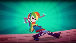 Size: 1920x1080 | Tagged: safe, screencap, rainbow dash, equestria girls, g4, my little pony equestria girls: summertime shorts, raise this roof, armpits, boots, breakdancing, clothes, dance off, dancing, devil horn (gesture), dress, faic, fall formal outfits, female, multicolored hair, outfit, rainbow hair, sexy, shoes, sleeveless, smiling, smirk, smug, smugdash