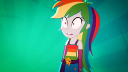 Size: 1920x1080 | Tagged: safe, screencap, rainbow dash, eqg summertime shorts, equestria girls, g4, raise this roof, animation error, clothes, discovery family logo, dress, faic, fall formal outfits, female, multicolored hair, open mouth, rainbow dash is best facemaker, rainbow hair, shocked, sleeveless, solo