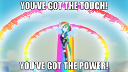 Size: 700x394 | Tagged: safe, edit, edited screencap, screencap, rainbow dash, equestria girls, equestria girls series, g4, run to break free, spoiler:eqg series (season 2), caption, clothes, converse, cute, dashabetes, double sonic rainboom, female, flying, geode of super speed, hoodie, image macro, magical geodes, meme, pants, ponied up, rainbow dash always dresses in style, shirt, shoes, sneakers, solo, song reference, sonic rainboom, stan bush, t-shirt, text, the touch, transformers, wings