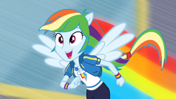 Size: 1920x1080 | Tagged: safe, screencap, rainbow dash, equestria girls, g4, my little pony equestria girls: better together, run to break free, beautiful, clothes, cute, dashabetes, female, geode of super speed, happy, hoodie, magical geodes, open mouth, ponied up, rainbow trail, singing, solo, wings, wristband