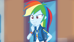 Size: 1920x1080 | Tagged: safe, screencap, rainbow dash, equestria girls, g4, my little pony equestria girls: better together, run to break free, cute, dashabetes, female, geode of super speed, magical geodes, solo, thinking
