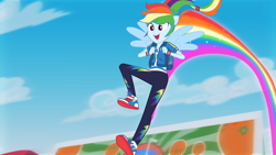 Size: 1920x1080 | Tagged: safe, screencap, rainbow dash, equestria girls, equestria girls series, g4, run to break free, spoiler:eqg series (season 2), clothes, converse, cute, dashabetes, female, flying, geode of super speed, happy, magical geodes, ponied up, shoes, singing, smiling, sneakers