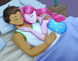 Size: 1900x1500 | Tagged: safe, artist:focusb, pinkie pie, oc, oc:copper plume, equestria girls, g4, bed, bedsheets, canon x oc, clothes, commission, commissioner:imperfectxiii, copperpie, cuddling, eyes closed, female, glasses, male, pajamas, pillow, shipping, shirt, sleeping, straight, t-shirt
