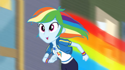 Size: 1920x1080 | Tagged: safe, screencap, rainbow dash, equestria girls, g4, my little pony equestria girls: better together, run to break free, clothes, female, geode of super speed, happy, magical geodes, rainbow, rainbow trail, running, smiling, solo