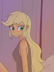 Size: 1620x2160 | Tagged: safe, artist:haibaratomoe, applejack, equestria girls, g4, adorasexy, bedroom, blushing, clothes, cute, implied lesbian, implied rarijack, implied rarity, implied shipping, jackabetes, pillow, sexy, shirt, solo
