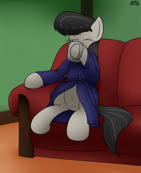 Size: 1899x2324 | Tagged: safe, artist:the-furry-railfan, octavia melody, earth pony, pony, g4, belly button, clothes, couch, drinking, female, food, indoors, mug, relaxing, robe, sitting, solo, tea