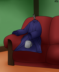 Size: 1899x2324 | Tagged: safe, artist:the-furry-railfan, octavia melody, earth pony, pony, g4, clothes, couch, female, food, indoors, micro, mug, relaxing, robe, shrinking, shrunk, solo, surprised, tea, tiny