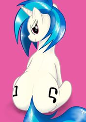 Size: 1240x1754 | Tagged: safe, artist:eels, dj pon-3, vinyl scratch, pony, unicorn, g4, both cutie marks, butt, looking at you, looking back, looking back at you, pink background, plot, simple background, smiling, smirk, solo, vinyl ass