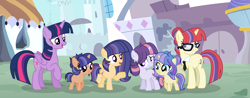 Size: 4404x1728 | Tagged: safe, artist:stellamoonshineyt, moondancer, twilight sparkle, oc, oc:midnight magic, oc:starline sentry, oc:tara moon, oc:twinkle galaxy, alicorn, pony, g4, 5-year-old, female, filly, necktie, offspring, older, parent:flash sentry, parent:moondancer, parent:twilight sparkle, parents:flashlight, twilight sparkle (alicorn)