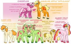 Size: 1280x796 | Tagged: safe, artist:rainbowquasar, applejack, cheerilee, oc, oc:barley brew, oc:gummy fruit, oc:strawberry sweet, oc:sunny side, oc:watermelon sour, earth pony, pony, unicorn, g4, alternate universe, cheerijack, colt, family, female, filly, fraternal twins, lesbian, magical lesbian spawn, male, mare, offspring, parent:applejack, parent:cheerilee, parents:cheerijack, race swap, shipping, species swap, twins, unicornified