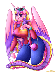 Size: 2728x3556 | Tagged: safe, alternate version, artist:mailner, princess cadance, alicorn, anthro, g4, alternate hairstyle, big breasts, blushing, braid, braided tail, breasts, busty princess cadance, clothes, colored wings, ear piercing, female, glasses, high res, hips, looking at you, mare, piercing, simple background, solo, sunglasses, tail, transparent background, wings