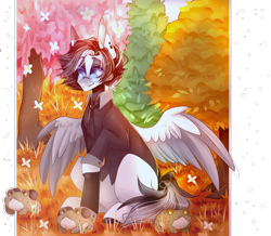 Size: 1950x1704 | Tagged: safe, artist:keltonia, oc, oc only, frog, pegasus, pony, clothes, flower, shirt, solo, tree