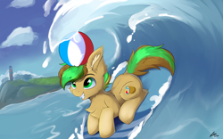 Size: 1920x1200 | Tagged: safe, artist:lunar froxy, oc, oc only, oc:baysick, pegasus, pony, beach ball, happy, male, ocean, scenery, solo, stallion, surfboard, surfing