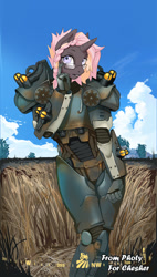 Size: 925x1623 | Tagged: safe, artist:photy, oc, oc only, unicorn, anthro, armor, cloud, commission, detailed background, fallout, fallout 4, glasses, power armor, shading, sky, solo, wheat field