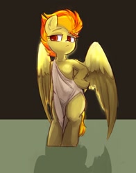 Size: 1615x2063 | Tagged: safe, artist:yoditax, spitfire, pegasus, pony, semi-anthro, g4, arm hooves, bipedal, clothes, ear fluff, female, hooves on hips, lidded eyes, looking at you, loose fitting clothes, mare, raised eyebrows, shadow, solo, spread wings, toga, wings