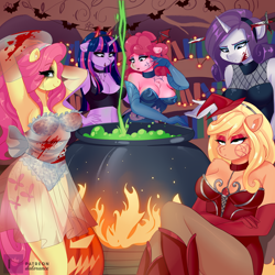 Size: 4000x4000 | Tagged: safe, artist:xjenn9, applejack, fluttershy, pinkie pie, rarity, twilight sparkle, earth pony, pegasus, unicorn, anthro, g4, absurd resolution, breasts, busty applejack, busty fluttershy, busty pinkie pie, busty rarity, busty twilight sparkle, cauldron, choker, cleavage, clothes, costume, devil horns, evening gloves, fake blood, gloves, halloween, halloween costume, hat, head wings, headband, holiday, long gloves, makeup, pumpkin, see-through, sword, veil, weapon, wingless, wingless anthro, wings, witch hat