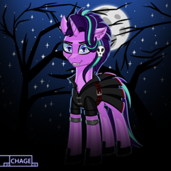 Size: 3840x3840 | Tagged: safe, artist:chage, gameloft, starlight glimmer, pony, unicorn, g4, alternate hairstyle, clothes, edgelight glimmer, gameloft interpretation, high res, looking at you, night, skirt, solo