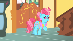 Size: 1280x720 | Tagged: safe, screencap, cup cake, earth pony, pony, g4, party of one, season 1, apron, beautiful, clothes, cutie mark, ear piercing, female, mare, piercing, raised hoof, smiling, solo, sugarcube corner, talking