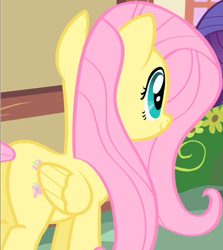 Size: 522x584 | Tagged: safe, screencap, fluttershy, pegasus, pony, g4, party of one, butt, cropped, female, mare, plot, smiling