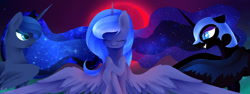 Size: 1280x481 | Tagged: safe, artist:kebchach, nightmare moon, princess luna, alicorn, pony, g4, blood moon, female, lunar trinity, mare, moon, s1 luna, triality