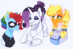 Size: 3789x2558 | Tagged: safe, artist:frozensoulpony, applejack, rainbow dash, rarity, pony, g4, clothes, corpse bride, costume, dorothy gale, high res, nightmare night costume, traditional art