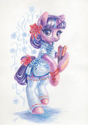 Size: 1200x1696 | Tagged: safe, artist:maytee, starlight glimmer, pony, unicorn, g4, alternate hairstyle, bipedal, cheongsam, clothes, colored pencil drawing, dress, fan, standing, traditional art