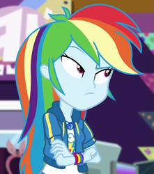 Size: 835x945 | Tagged: safe, screencap, rainbow dash, dashing through the mall, equestria girls, equestria girls series, g4, holidays unwrapped, spoiler:eqg series (season 2), cropped, crossed arms, female, geode of super speed, magical geodes, solo
