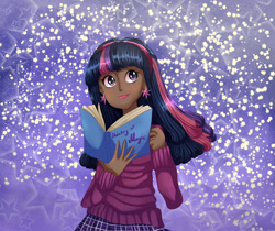 Size: 3445x2894 | Tagged: safe, artist:theladysknight, twilight sparkle, human, g4, blushing, book, clothes, dark skin, ear piercing, earring, female, hairband, high res, humanized, jewelry, lipstick, makeup, piercing, skirt, solo, sweater