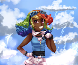 Size: 3445x2894 | Tagged: safe, artist:theladysknight, rainbow dash, human, g4, alternate hairstyle, belt, clothes, cloud, dark skin, ear piercing, earring, female, gloves, goggles, grin, high res, humanized, jacket, jewelry, piercing, shorts, sky, sleeveless, smiling, solo, sports shorts, tank top
