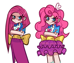 Size: 707x600 | Tagged: safe, artist:switchsugar, pinkie pie, human, anime, anime style, breasts, busty pinkie pie, clothes, duality, duo, duo female, female, humanized, long skirt, panty and stocking with garterbelt, pinkamena diane pie, rah rah skirt, self paradox, simple background, skirt, style emulation
