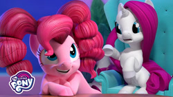 Size: 600x338 | Tagged: safe, screencap, pinkie pie, rarity, g4, hello pinkie pie, alternate hairstyle, duo, hair dye, pigtails, twintails