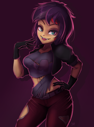 Size: 744x1000 | Tagged: safe, artist:the-park, sunset shimmer, human, vampire, costume conundrum, equestria girls, equestria girls series, g4, spoiler:eqg series (season 2), :p, clothes, costume, fangs, female, gloves, halloween, halloween costume, looking at you, pants, ripped pants, smiling, solo, tongue out, torn clothes, vampire shimmer, wig