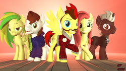 Size: 1920x1080 | Tagged: safe, artist:sky chaser, oc, oc only, oc:flower hunter, oc:omega, oc:sky chaser, oc:winter gust, oc:wooden toaster, earth pony, pegasus, pony, unicorn, wolf, wolf pony, 3d, beard, clothes, facial hair, group, hoodie, jacket, source filmmaker