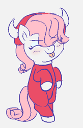 Size: 281x431 | Tagged: safe, artist:heretichesh, oc, oc:lyrabop, devil, earth pony, pony, bipedal, blushing, clothes, costume, devil horns, eyes closed, female, filly, mlem, silly, standing, tongue out