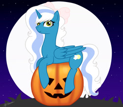 Size: 1600x1397 | Tagged: safe, artist:princessmoonsilver, oc, oc only, oc:fleurbelle, alicorn, pony, alicorn oc, bow, female, hair bow, horn, lying down, mare, moon, night, pumpkin, smiling, solo, stars, wings, yellow eyes