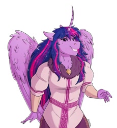 Size: 1280x1392 | Tagged: safe, artist:shimazun, twilight sparkle, alicorn, classical unicorn, unicorn, anthro, unguligrade anthro, fanfic:my little pony: the unexpected future, g4, clothes, cloven hooves, commission, female, happy, horn, leonine tail, smiling, solo, twilight sparkle (alicorn), unshorn fetlocks