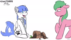 Size: 2048x1152 | Tagged: safe, artist:jellysketch, oc, oc only, oc:pine berry, oc:snow pup, earth pony, pegasus, pony, behaving like a dog, broken, collar, female, glare, happy, kinktober, kinktober 2020, leash, mare, mouth hold, paw prints, pet play, pet tag, simple background, sitting, smiling, standing, tail wag, white background