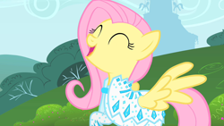Size: 1280x720 | Tagged: safe, screencap, fluttershy, pegasus, pony, g4, green isn't your color, ^^, clothes, eyes closed, nudie suit, smiling, solo