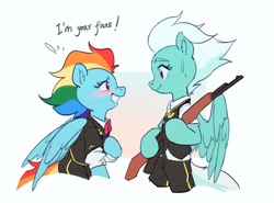 Size: 2018x1497 | Tagged: safe, artist:luciferamon, fleetfoot, rainbow dash, pegasus, pony, semi-anthro, g4, alternate hairstyle, arm hooves, assault rifle, blushing, clothes, commissioner:fleetfoot, dialogue, duo, duo female, female, fleetdash, gun, lesbian, looking at each other, rifle, shipping, simple background, sweat, uniform, weapon