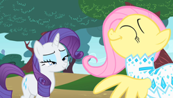 Size: 1280x720 | Tagged: safe, screencap, fluttershy, rarity, pegasus, pony, unicorn, g4, green isn't your color, clothes, duo, eyes closed, nudie suit, smiling