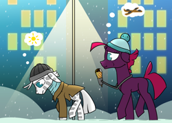 Size: 1400x1004 | Tagged: safe, artist:dacaoo, tempest shadow, oc, pony, unicorn, zebra, g4, adult blank flank, blank flank, blank flank tempest, broken horn, building, clothes, duo, eating, food, hat, horn, ice cream, jacket, sad, scarf, snow, streetlight, thought bubble, zebra oc