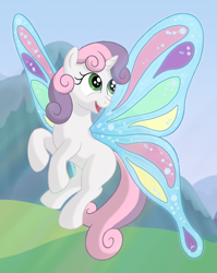 Size: 1528x1920 | Tagged: safe, artist:nebulastar985, sweetie belle, pony, g4, butterfly wings, female, filly, flying, looking back, looking up, outdoors, solo, wings