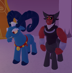 Size: 606x611 | Tagged: safe, grogar, lord tirek, centaur, sheep, g4, 3d, antagonist, arms, beard, canterlot, chestplate, duo, duo male, eyebrows, facial hair, game, gritted teeth, horns, male, name tag, nose piercing, nose ring, piercing, ram, roblox, roleplay is magic, septum piercing, wristband