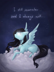 Size: 2122x2826 | Tagged: safe, artist:cvanilda, oc, oc only, oc:sky secret, pegasus, pony, choker, cloud, crying, female, glowing eyes, hair tie, high res, lying down, mare, night, on a cloud, pegasus oc, prone, solo, spread wings, stars, text, wings