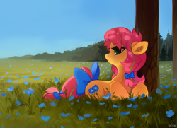 Size: 1800x1300 | Tagged: safe, artist:zlatavector, oc, oc only, oc:linseed, earth pony, pony, rcf community, bow, cute, female, flower, mare, nature, solo, tail bow