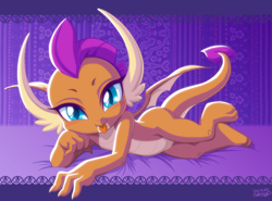 Size: 1200x890 | Tagged: safe, artist:uotapo, smolder, dragon, :p, bed, blushing, cute, dragoness, draw me like one of your french girls, female, looking at you, smolderbetes, solo, tongue out, uotapo is trying to murder us, weapons-grade cute